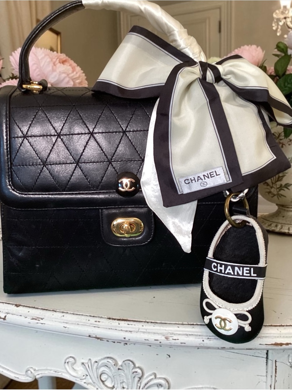 Quilted Leather Top-Handle Satchel limited edition shoe bag charm and Scarf